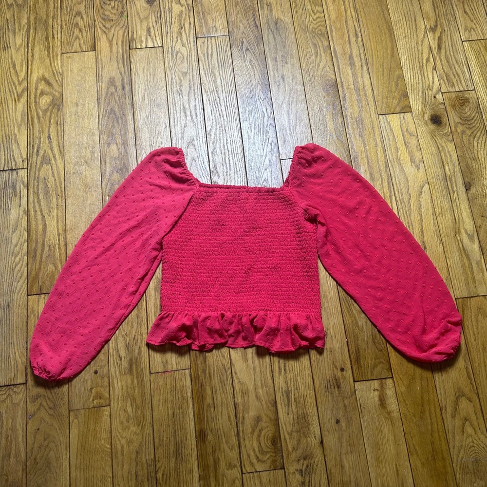 Lush Cayenne Red Swiss Dot Smocked Long Sleeve Ruffle Hem Top Blouse Medium
